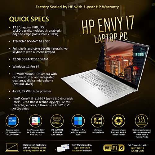 Hp Envy 17T 2022 Laptop, I7-1195G7 11Th Gen, 32Gb Ram, 1 Tb Nvme Ssd, 17.3" Fhd Touch, Thunderbolt 4, Win 11 Pro, Wifi 6, B&O Audio, Usb-A, Intel Xe Graphics, Silver, 64Gb Tech Warehouse Flashdrive #TOP2