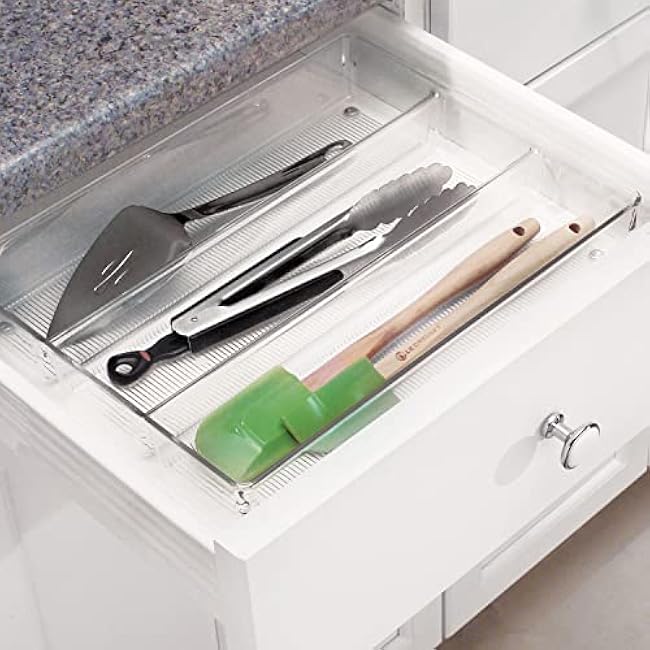 iDesign Linus Plastic Kitchen Drawer Utensil Organizer, Divided Storage Container for Silverware, Spatulas, Gadgets, 3.8 x 10.5 x 2 - Clear