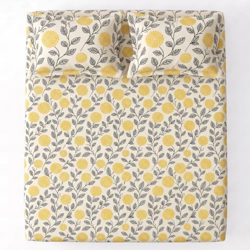 Image of VAS COLLECTIONS Premium 240 TC Cotton Double Bedsheet Set with 2 Pillow Covers | Breathable Floral Print Bedding | Fade Resistant | 228 x 254 cm, Ochre & Charcoal, Double Flat (90x100) Charcoal