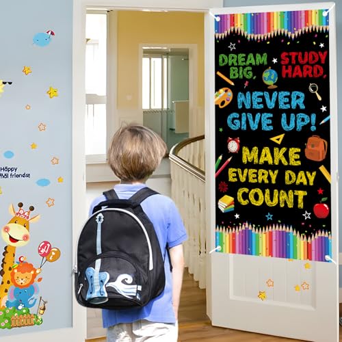 71 x 35 Inches Welcome First Day of School Motivational Door Cover Banner for Doorway Wall, Large Dream Big Never Give Up Make Every Day Count Poster Sign, Back to School Decor for Teachers Students