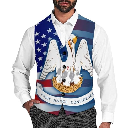 U.S.A And Louisiana State Flag Trendy Vest Suit for Men V Neck Formal Dress Waistcoat Vests Business Slim Fit