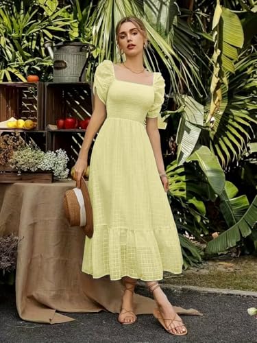 Image of Shreyam Girl's & Women's Solid A-Line Ruched Puff Sleeve Maxi Long Evening One Piece Long Dress for Women Stylish
