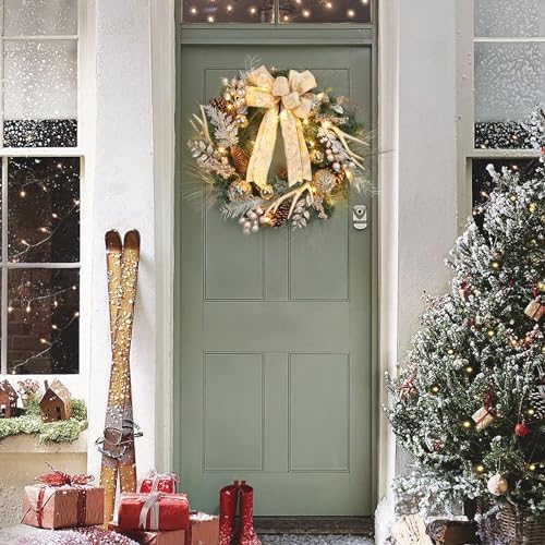 GAOMON 24" Christmas Wreath, Outdoor Christmas Wreath for Front Door, Battery Operated Xmas Wreath with Gold Ball Ornaments Pine Cones Antlers 20 LED Lights for Home Holiday Decor