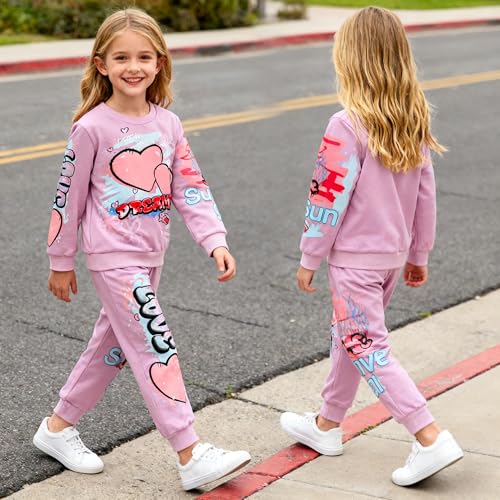 Image of Kids Toddler Girl Clothes Heart Letter Print Long-sleeved round collar top+Letter Print Pants Outfits Set