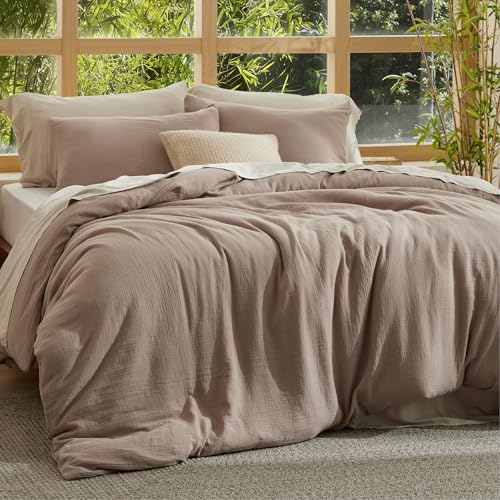 Image of Bedsure Cooling Muslin Cotton Duvet Cover King Size - Cotton Blend Rayon Derived from Bamboo Duvet Covet Set for Hot Sleepers - Ultra-Soft & Breathable & Lightweight Bedding Set (Khaki, 104 inchx90 inch)