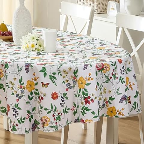 English Berry Garden Heavy 4 Gauge Vinyl Flannel Backed Tablecloth, Strawberry Garden Floral Indoor/Outdoor Wipe Clean Picnic, Kitchen, Dining Room Tablecloth - 60” x 84” Oval Cover