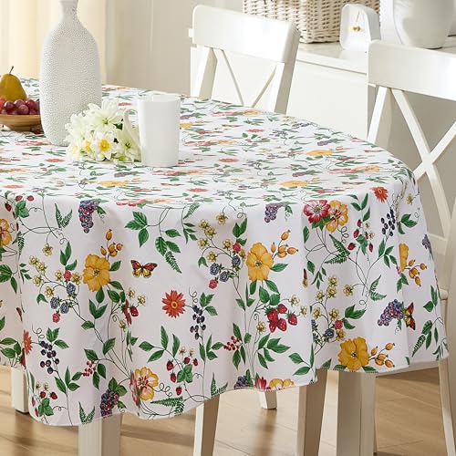 English Berry Garden Heavy 4 Gauge Vinyl Flannel Backed Tablecloth, Strawberry Garden Floral Indoor/Outdoor Wipe Clean Picnic, Kitchen, Dining Room Tablecloth - 60” x 84” Oval