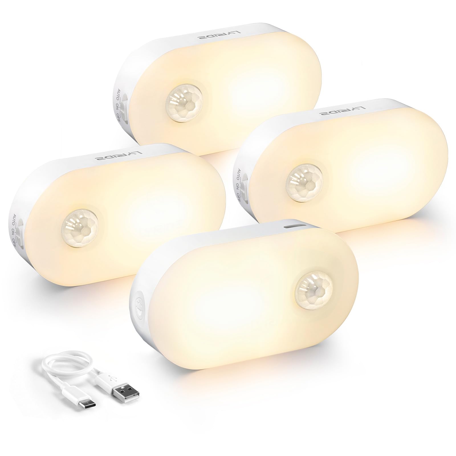 Rechargeable Battery Night Light with Motion Sensor, Stick on Anywhere, 1-20LM Dimmable LED Nightlights for The Bedroom, Bathroom, Living Room, Kitchen, Stairs, Hallway, 4-Pack