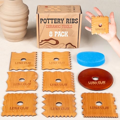 Pottery Ribs Tool Set | 8 Pack - Ceramic Tools for Pottery, Kiln-Dried Cherry Wood (None-Warping), Pottery Wheel Tools for Trimming, Comfortable Hold, Home or Studio Use, Sponge Included
