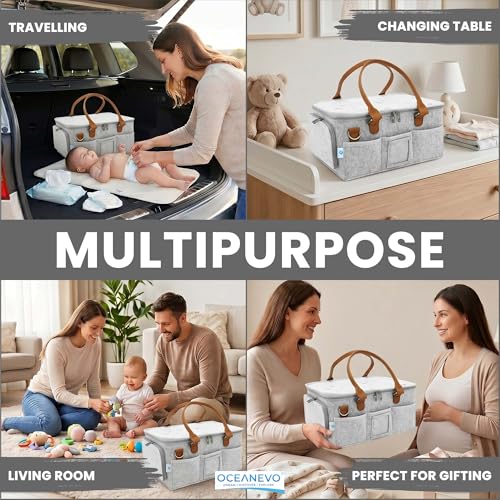 Image of OCEANEVO Cute Diaper Caddy Organizer Bag WITH Lid, Changing Mat & Luggage Tag | New Born Baby Essentials Storage Basket with Compartments and Removable Shoulder Strap | 40 x 27 x 19 Cm - Grey