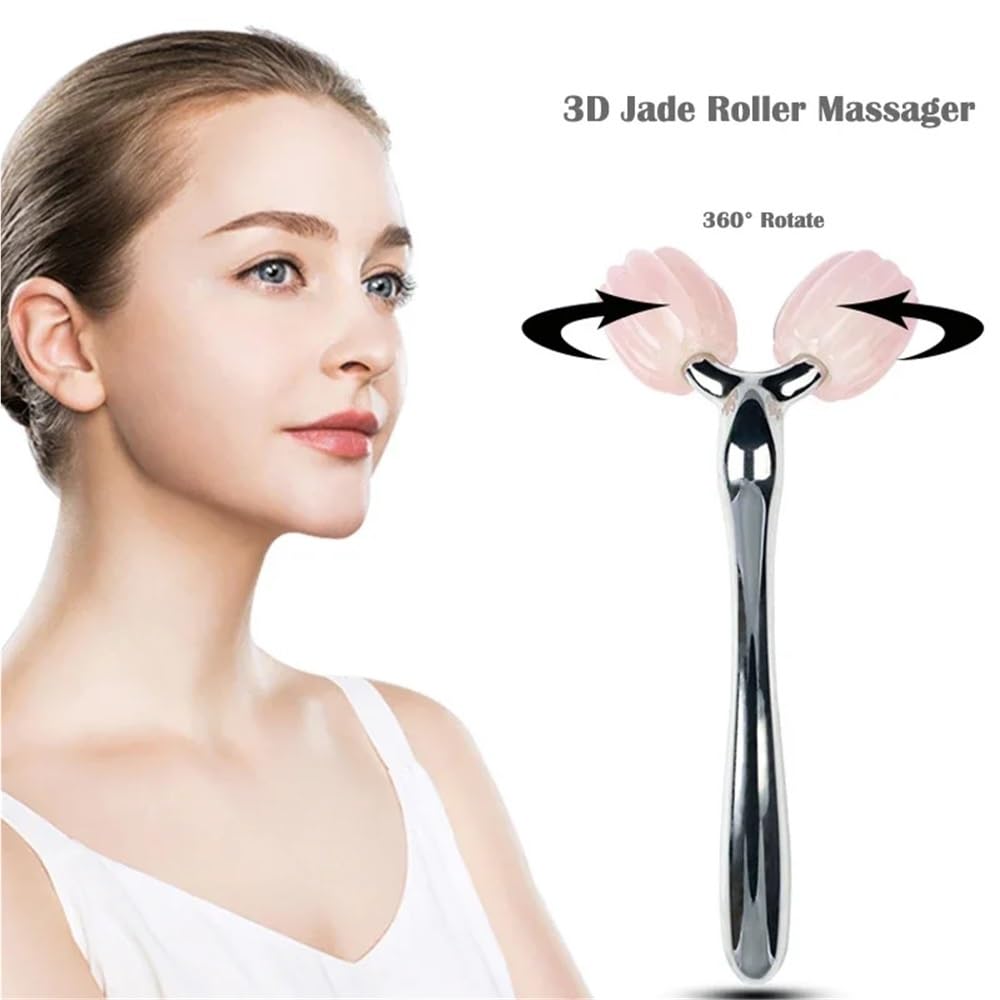 Rullo massaggiatore for Lifting facciale 3D Massaggio facciale 360 ​​Rotazione Pietra Quarzo Rosa Rullo di Giada for Dimagrimento Viso(Rose Gold)