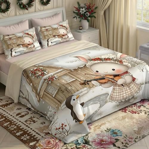 Image of 7D Fairy Tale Cute Rabbit Collection Double Bedsheet 90x100 inch with 2 Pillow Covers | Good Stitching, Soft Fabric & Vibrant 7D Digital Print for Kids & Couples (Sky Blue)