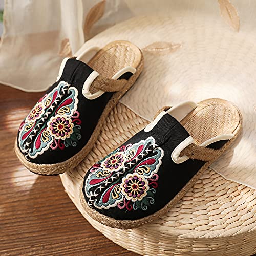 Hee Grand Women's Embroidered Espadrilles Slip On Mule Slippers Ethnic Style Cotton And Linen Flats Retro Chinese Style，Black 7 #TOP1