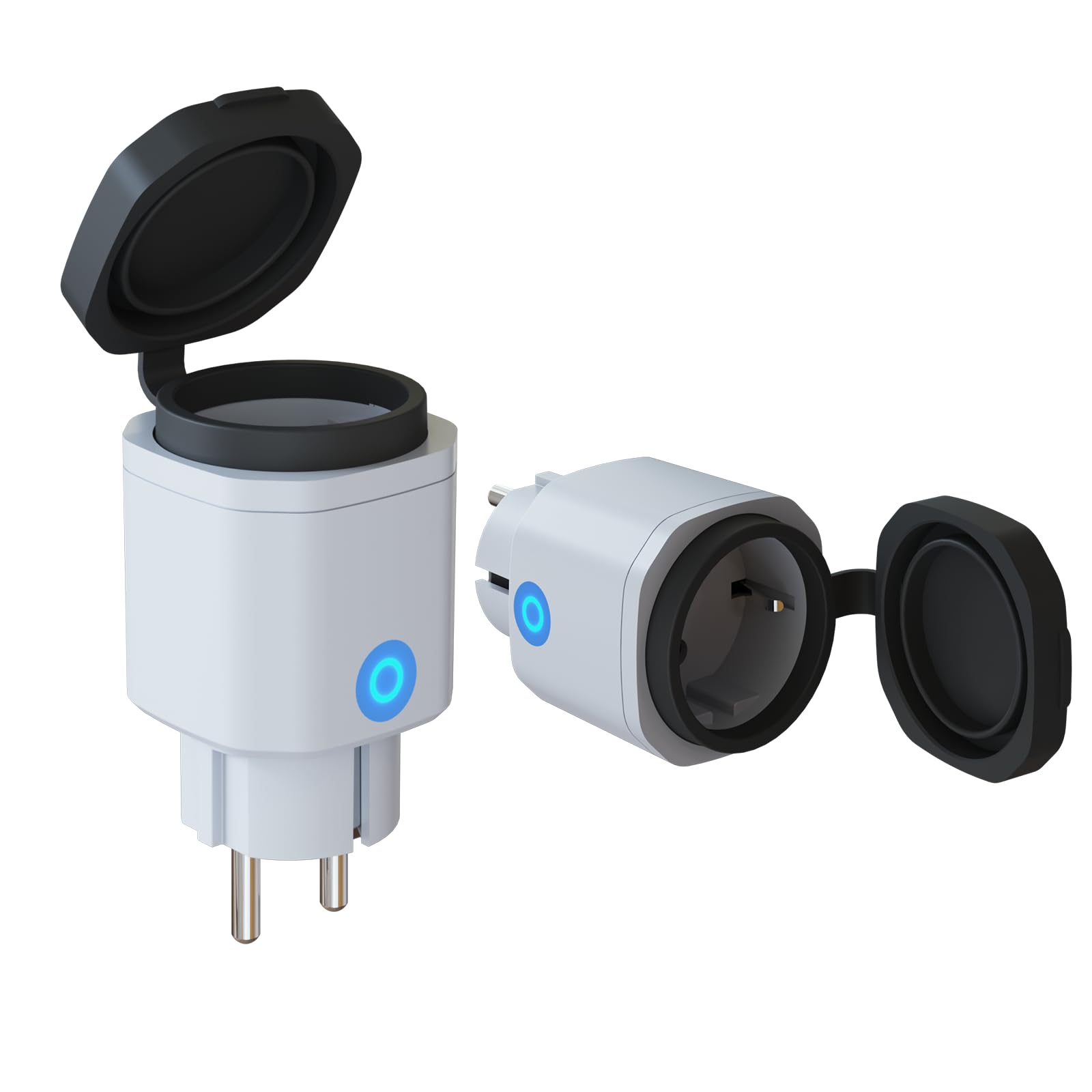Enchufe WiFi para exteriores, enchufe inteligente con medición de corriente, función de temporizador, IP44, enchufe exterior impermeable, compatible con Alexa y Google Home (blanco, 2 unidades)