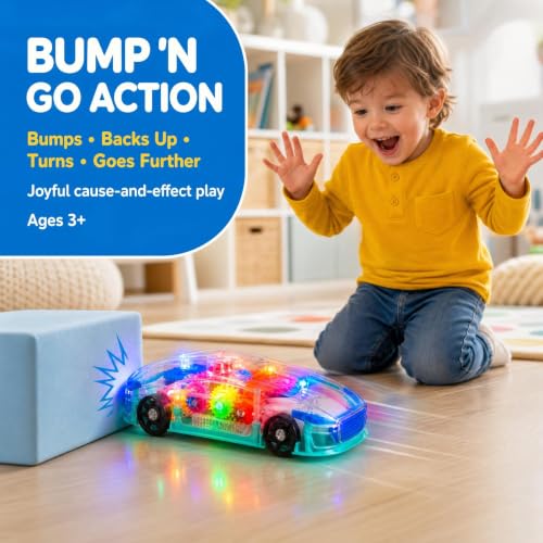 Image of ArtCreativity Light-Up Transparent Sensory Car Toy, Bump-and-Go, Ages 3+
