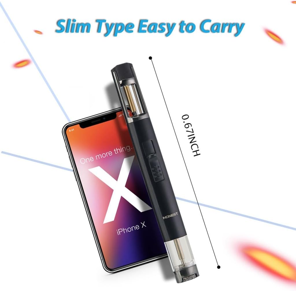 Black HONEST torch lighter next to an iPhone X, illustrating its slim profile and dimensions.