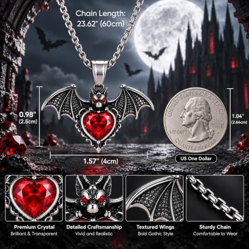 Halloween Vampire Bat Necklace, Red Crystal Gothic Pendant Necklace for men - image 2