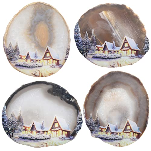 KYEYGWO Natural Irregular Agate Slice Painting Decor with Wooden Stand Agate Geode Slab for Desk Hallway Snowy Night - Image 3
