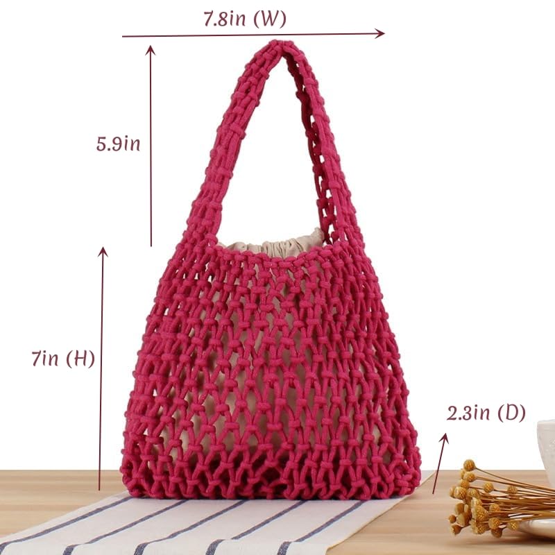 Image of Naimo Straw Beach Bag Woven Rattan Shoulder Bag Fishing Net Handbag Cotton Rope Tote Summer Crochet Hobo Bag