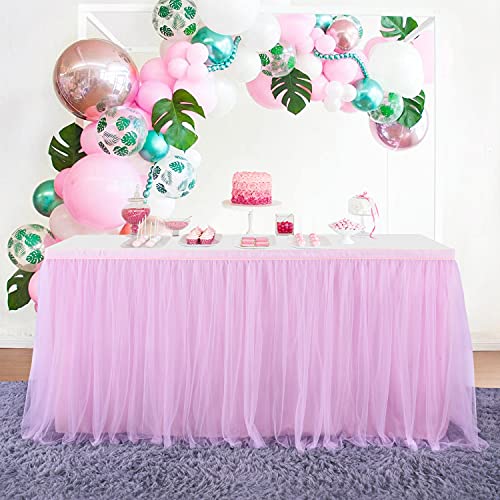Pink Table Skirt Birthday Party Tulle Table Skirt Baby Shower Round And Rectangle Tutu Table Decoration Table Cloth For Girl Gender Reveal Wedding(L6(Ft), H30In) #TOP7