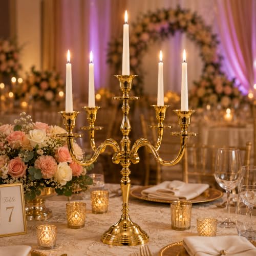 Image of Decorative Aluminum Vintage 5-Arm Brass Gold Candelabra Candle Holder - Elegant Metal Table Centerpiece for Home, Wedding, Party & Dining Room Decor