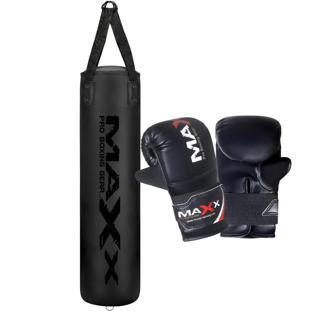 Maxx Punch Bag Boxing Set BLACK 6FT Heavy Filled Punchbag Gloves Bracket Full Black (Bag + Mitts, 3FT)