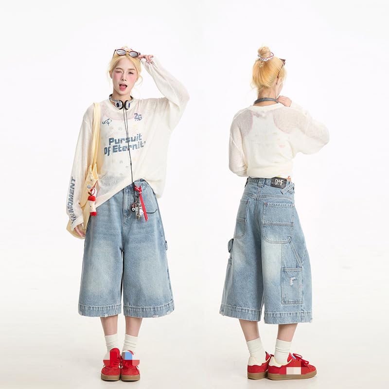 Womens Baggy Cropped Jeans Casual Wide Leg Mid Waisted Vintage Blue Denim Pants Oversized Y2K Boyfriend Streetwear3