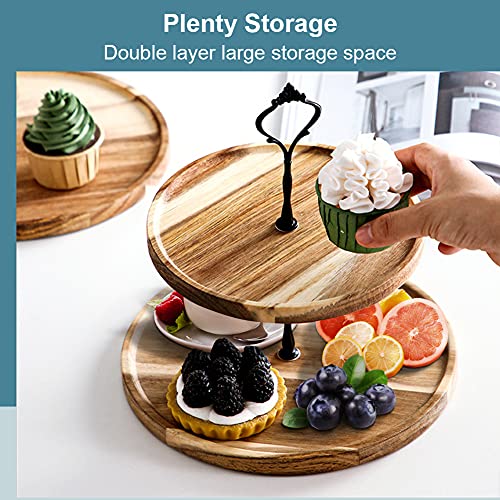 POHOVE 2 Tier Wooden Fruit Tray Stand,Two Tier Tray Wood Farmhouse,Wooden Cake Stand,Wood Tiered Tray Decor Holder,With Metal Handle for Christmas Birthday Wedding Decor(size:L) - Image 4