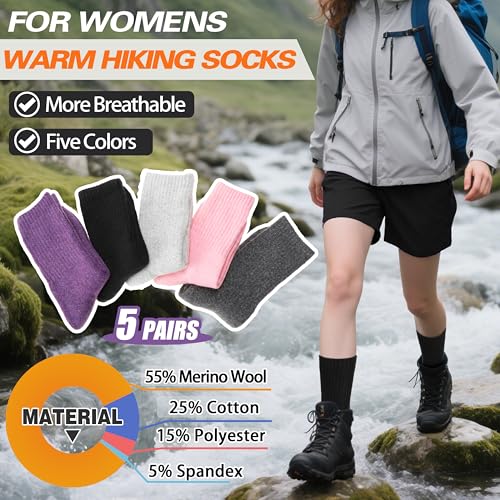 Image of Sandsuced 5 Pack Merino Wool Boot Hiking Socks for Women Warm Winter Thick Thermal Cozy Work Soft Ladies Socks