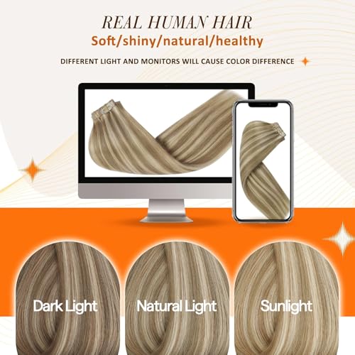Image of Full Shine Clip in Hair Extensions Human Hair Dark Blonde Mix Light Blonde Seamless Hair Extension Clip ins PU Weft for Women 20 Inch 8 Pcs 120g
