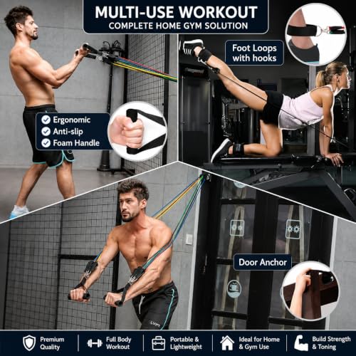 Image of Resistance Bands Set for Exercise & Workout, 5 Stackable Resistance Tube Bands with Handles, Door Anchor & Ankle Straps, Carry Bag, Home Gym Equipment for Men & Women (Multicolor) (R Bands Set)