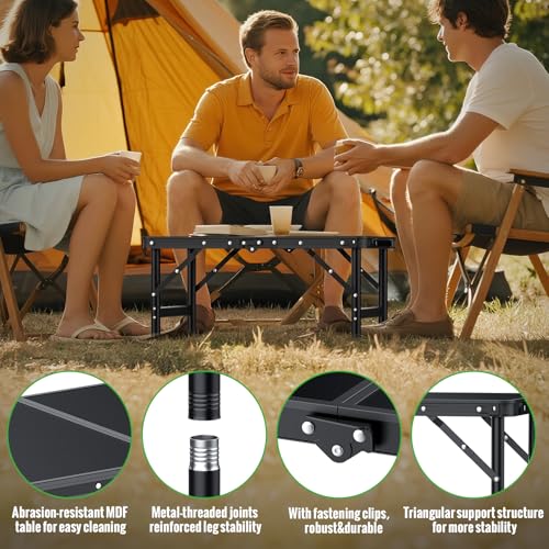 GARLLEN Klappbarer Campingtisch, 60x40cm mit 3 Höhenverstellbar(27/51/75cm), Stabiler Tragbar Klapptisch Picknicktisch Beistelltisch Grilltisch Gartentisch für Camping Strand Balkon Outdoor (Schwarz)