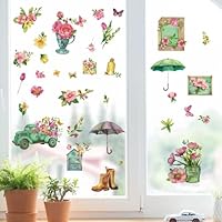 PRESSINART 8 Sheets 8 Styles Spring Summer Window Clings Flowers Window Decals Floral Tulip Trunk Umbrella Wellies Self-Adhesive Vinyl Stickers for Home Bedroom Bathroom Office Wall Door Decoration