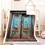 KBDQGX Coperta In Pile Di Pelliccia Sintetica Per Divano E Letto, Porta In Legno Blu Rovinata Stampata Coperta Matrimoniale Invernale Di Flanella 150X150Cm Morbida, Calda E Accogliente, Fluffy