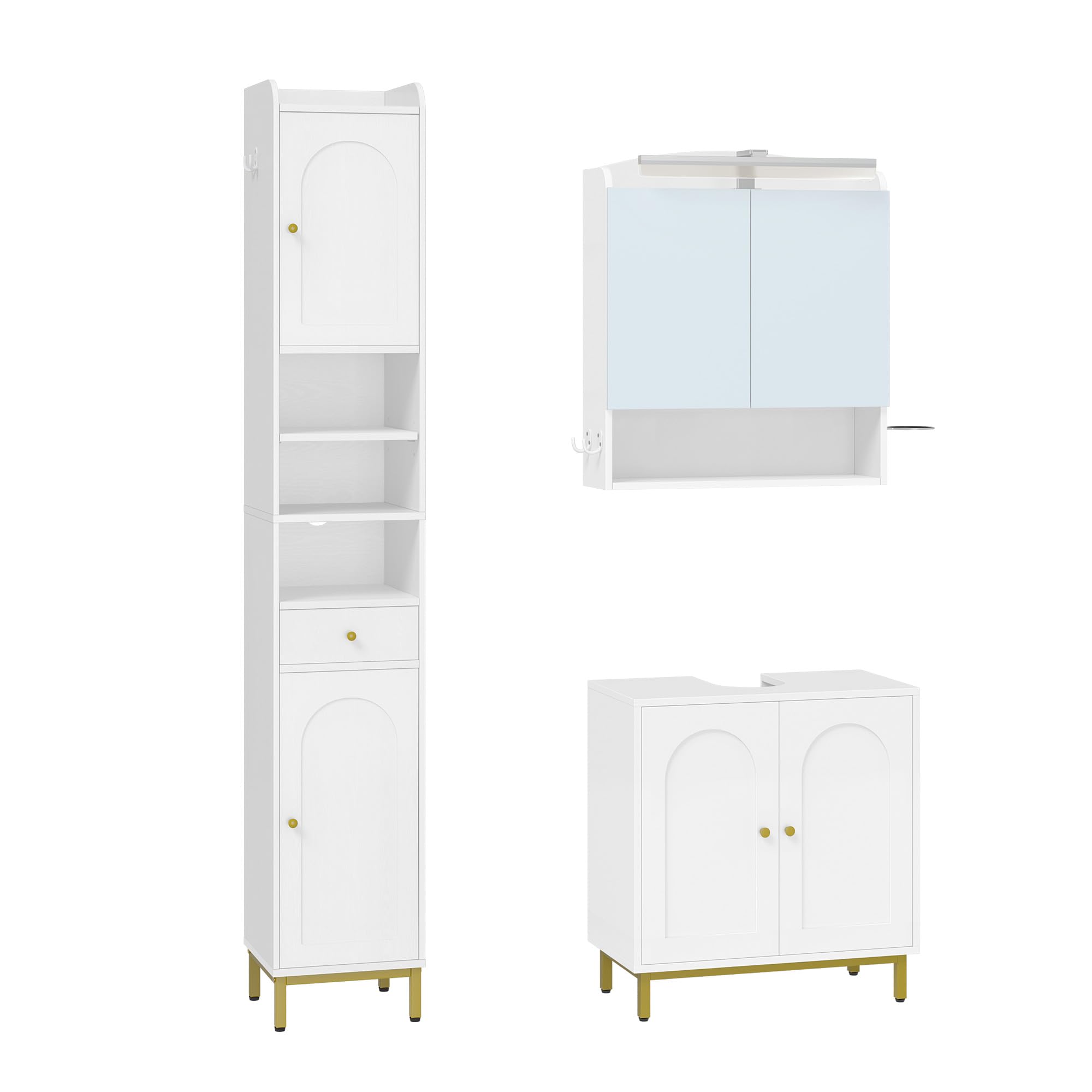 Hzuaneri Badmöbel-Set, Waschbeckenunterschrank 60 cm, Spiegelschrank mit LED-Beleuchtung und Badezimmerschrank Hochschrank, für Badezimmer, Toilette, Waschküche Weiß, BC11003XEU