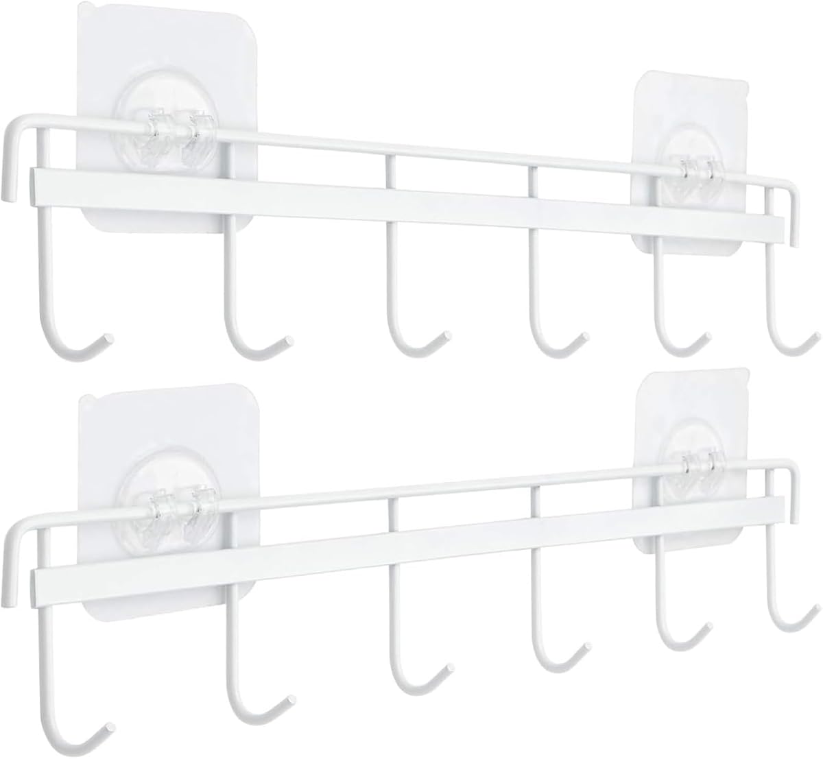 Adhesive Wall Hooks Rack Kitchen Rail, Space Saving Utensil Holder No Drilling Wall Mounted Accessory Hanger with 6 Hooks for Kitchen Bathroom Bedroom Pack of 2 (White)