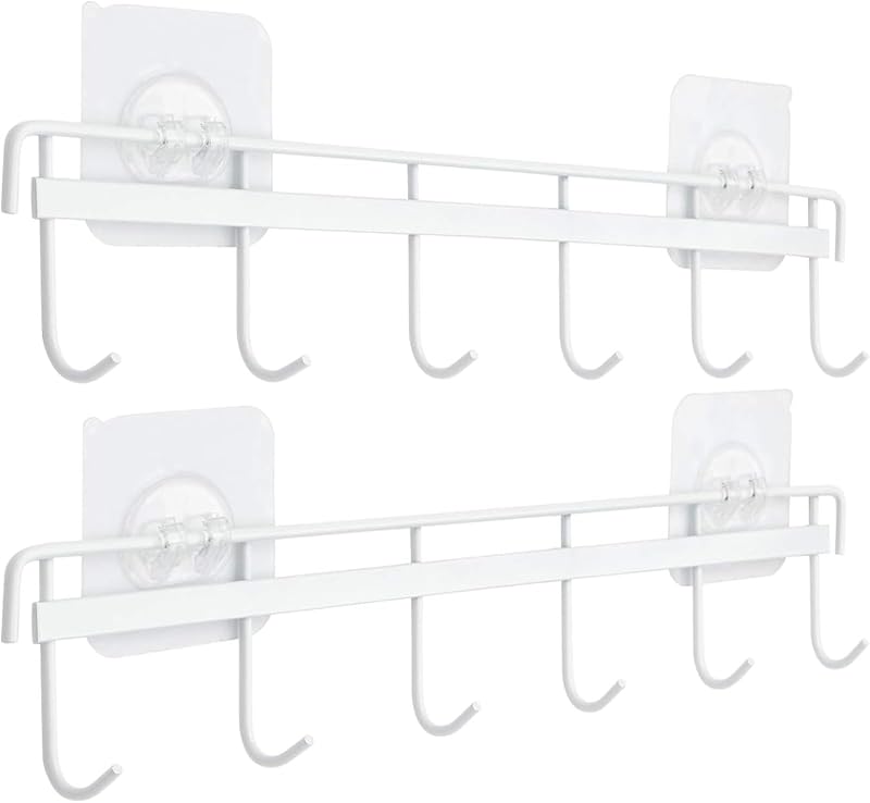 Adhesive Wall Hooks Rack Kitchen Rail, Space Saving Utensil Holder No Drilling Wall Mounted Accessory Hanger with 6 Hooks for Kitchen Bathroom Bedroom Pack of 2 (White)