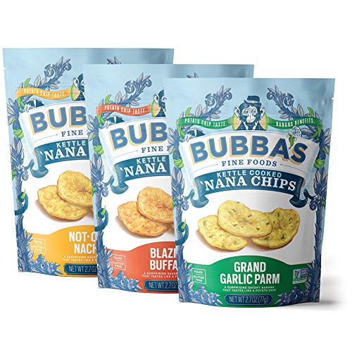 B. Fine Foods Kettle Cooked Nana Chips, Variety Pack - Sea Salt, Buffalo, & Garlic - Case of 6 - Crunchy Grain-Free and Vegan Banana Chips - Zero-Refined Sugar, Gluten, Dairy Free, Kosher, & Keto-Friendly