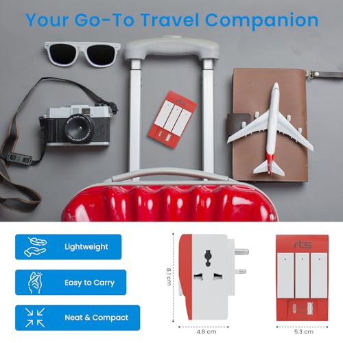 Image of rts 3 Pin 3 Way Universal Multiplug Travel Adaptor with Type C PD & USB Ports Individual Switch LED Indicator Compatible with Home /Office /Industrial Use /Laptop /Desktop /Mobile /Printer Red