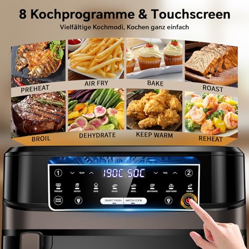 Heißluftfritteuse 12L | Air Fryer XXL Variabel für Einzel und Zweikammer, 2600W Doppel-Heizelement Separate Temper mit Sichtfenster und Innenlicht, Airfryer Doppelkammer 8-in-1 Touch-Steuerung Rezept 4