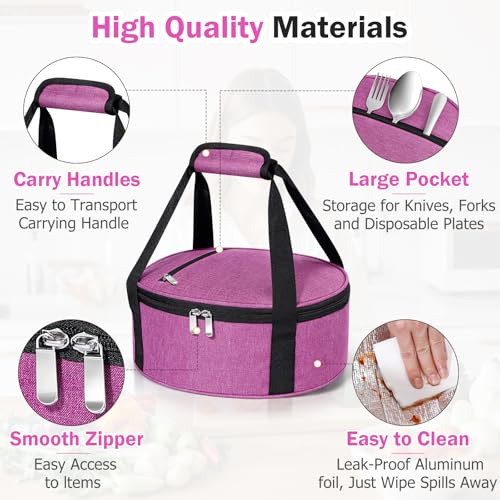 MIAOJIE Round Insulated Casserole Carrier, Pie Carrier Bag, Portable Casserole Carrier for Hot or Cold Food Lunch Tote, Lunch Bag for Parties Picnic, Fits 12.5" Baking Dish, Rose Red by MIAOJIE - Image 3