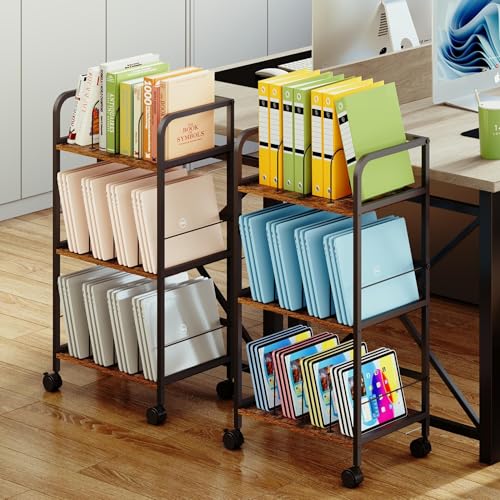 Rolling Book Cart with Removable Dividers, 3-Tier File Cart with Wheels, Utility Storage Rack for Office, Home, Classroom, Art Supply Organizer, Binder and Laptop Shelf Rack