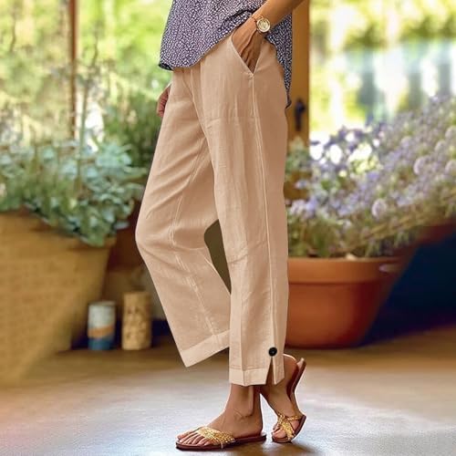 YRAETENM Linen Pants Women Casual High Waisted Cotton Capri Pants Summer Loose Fit Wide Leg Cropped Trousers with Pockets2