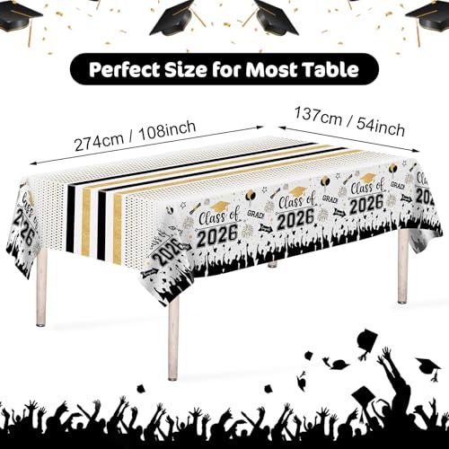 Image of Graduation Decorations Class of 2026 Tablecloth - 3 Pcs Plastic Congrats Grad Table Cloth, Graduation Table Cover for Graduation Party Decorations 2026 and Party Supplies, 54 inchx108 inch (Black and Gold)