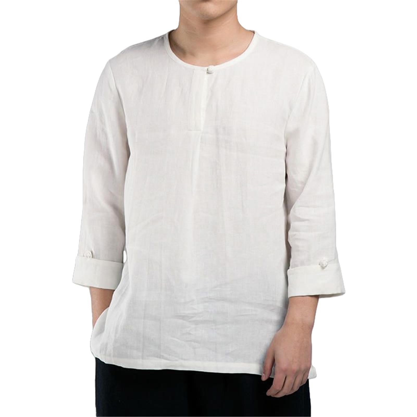 Camisa de lino sin cuello para hombre ropa casual de corte recto 8