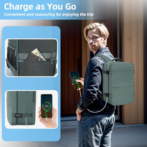 Cmezevi Reiserucksack 20L 40x20x25 cm, Flugzeug Handgepäck Kompatibel Ryanair/EasyJet, 14-Zoll Laptop Rucksack, Leichter Kabinenrucksack mit Trolley-Sleeve, für Business, Schule, Reisen - Grün