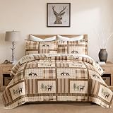 LORRIARD King Size Quilt Set - 100% Cotton Rustic Animal Patchwork Design Bedspread Set 3-Piece, Lodge Cabin Quilted Bedding Set, Bear & Deer Pattern Lightweight King Quilt, Brown