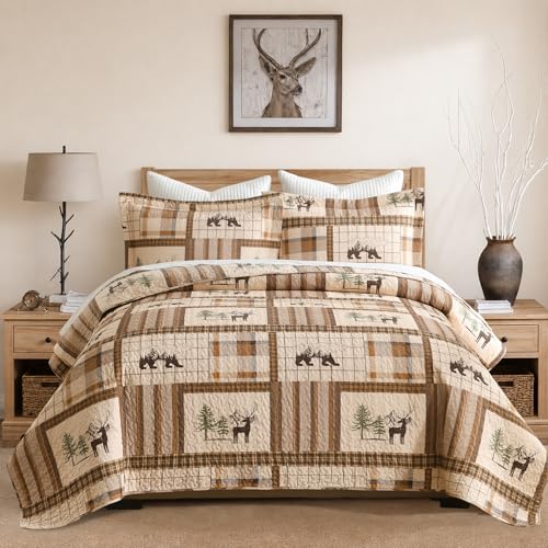 Cabin Quilt Set - 3-Piece King Rustic Bedding Set - Bear Deer Bedspread