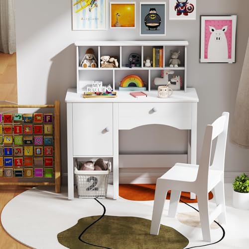 FANTASK Kinderschreibtisch mit Stuhl, Jugendschreibtisch mit Schrank, Schublade & Regal, Schülerschreibtisch Kinderzimmer aus Holz, Schreibtisch Kinder für Kinder ab 3 Jahren, 79 x 34 x 91cm (Weiß)