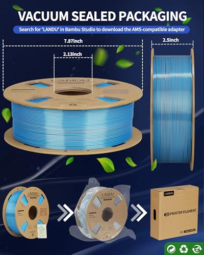 Image of LANDU Silk Dual Color PLA Filament 1.75mm 1KG, 3D Printer Filament Dimensional Accuracy + /- 0.02mm, Coextrusion Filament PLA Shiny Filament Fits for Most FFF 3D Printers,1KG Spool,Blue Silver